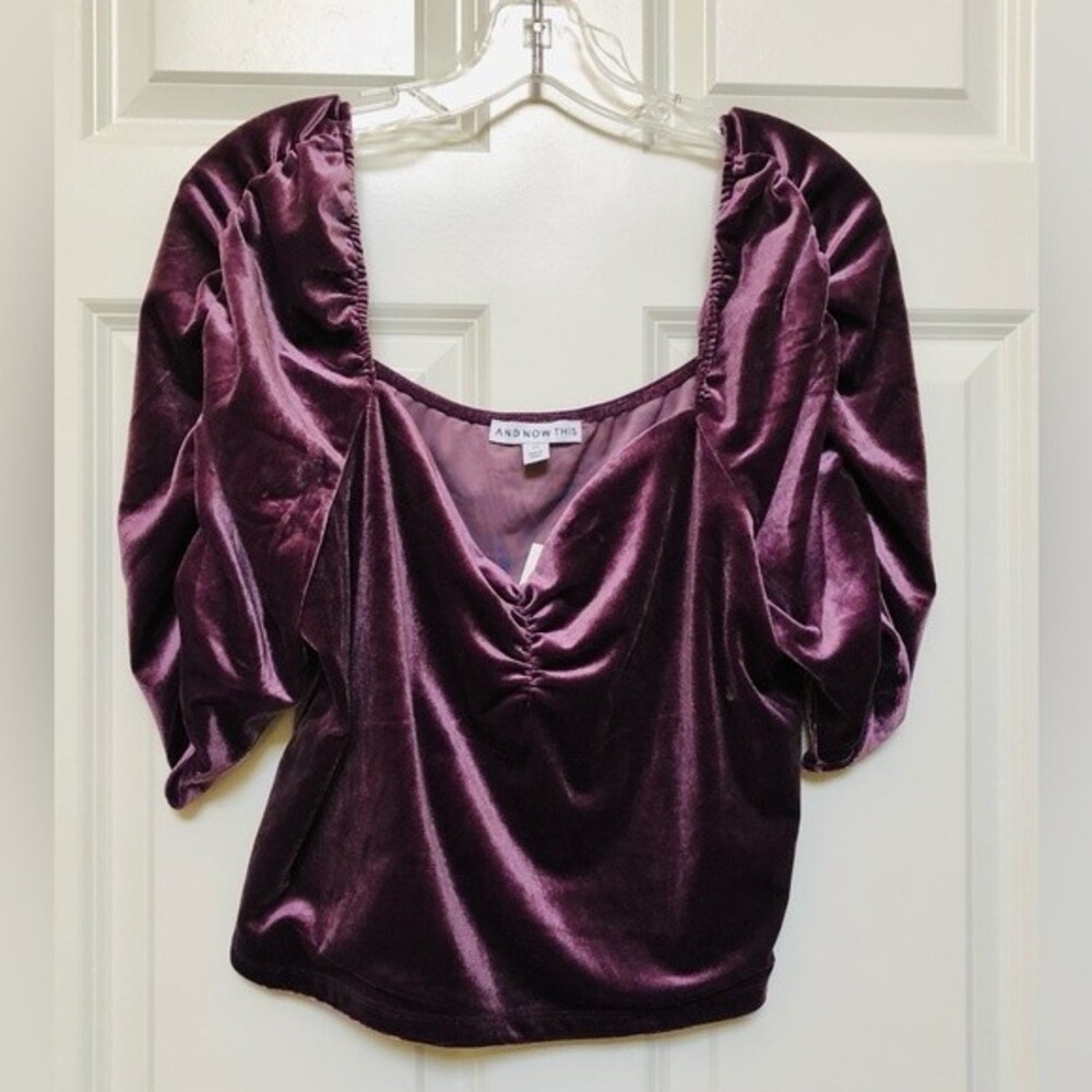 AND NOW THIS TOP CROPPED SIZE PLUS 1X PURPLE VELVET PUFF SLEEVESS RUCHED TOP